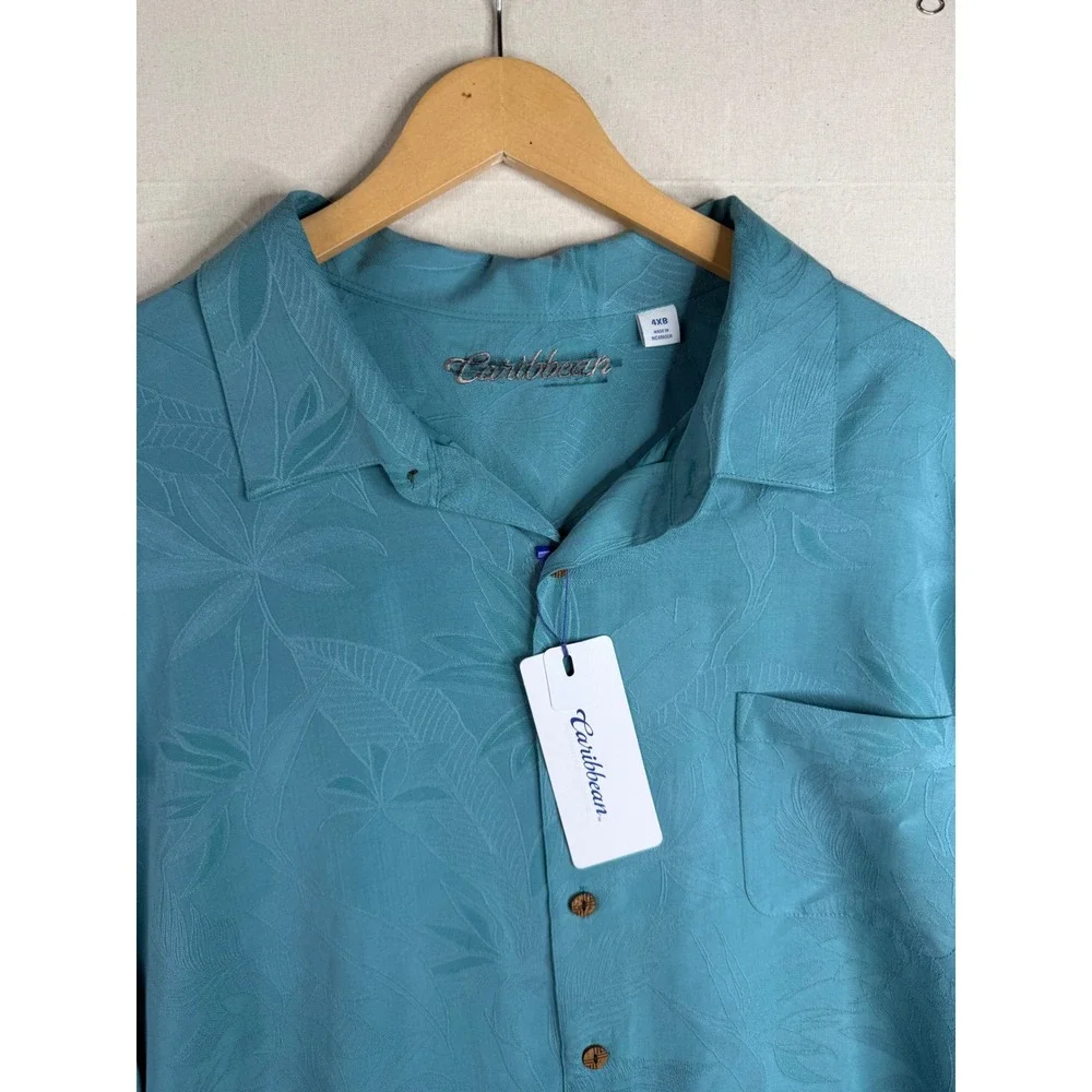 New Caribbean Textured Short Sleeve Woven Button Down Shirt size 4X Big Blue‎_5